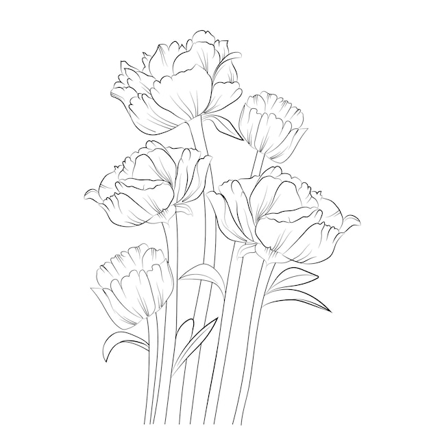 Disegnato a mano peonia fiore schizzo arte illustrazione vettoriale bellissimo bouquet bianco e nero monocromatico.