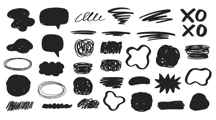Vettore disegnato a mano scribble speech bubbles doodle design elements set paint brush stroke forme ritagliate coll