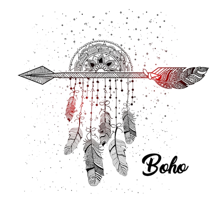 Vettore disegnato a mano stile boho di freccia decorativa con piume