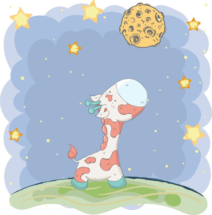 Disegnato a mano sveglio della giraffa e della luna del fumetto