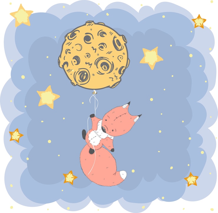 Vettore disegnato a mano sveglio della volpe sulla luna del fumetto