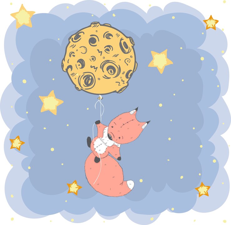 Disegnato a mano sveglio della volpe sulla luna del fumetto
