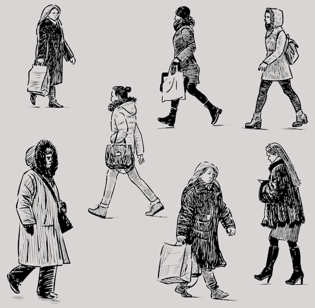 Disegni a mano libera di pedoni casuali che camminano per strada