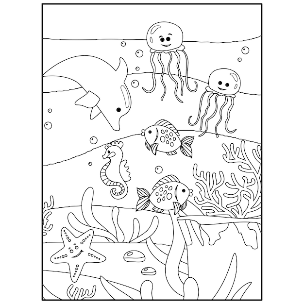 Disegni da colorare di animali oceanici stampabili per bambini Vettore Premium