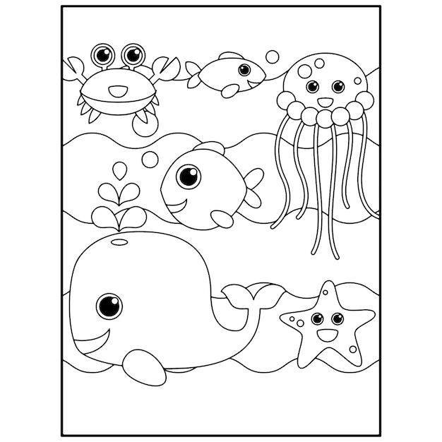 Disegni da colorare di animali oceanici stampabili per bambini Vettore Premium