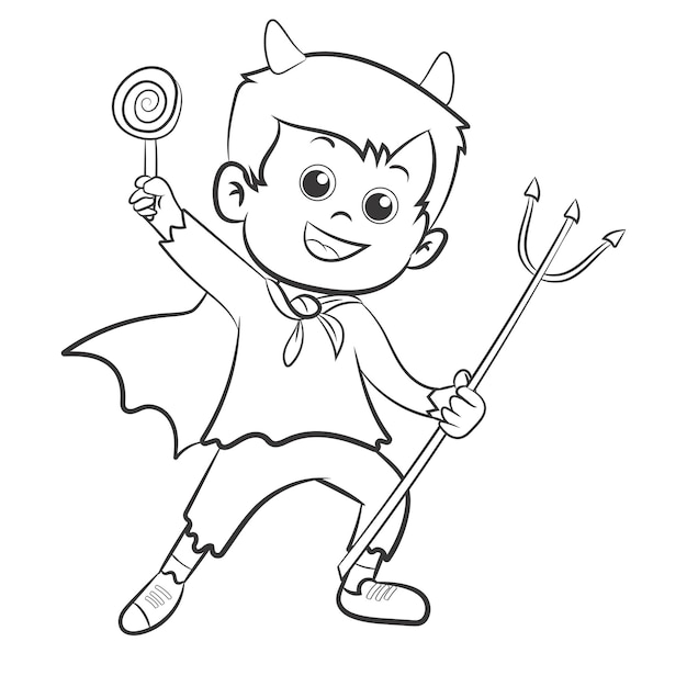 Disegni da colorare o libri per bambini, il ragazzino carino indossa il costume da diavolo per festeggiare Halloween