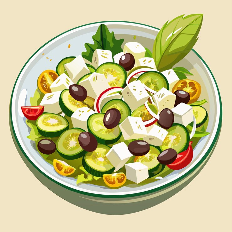 Vettore disegni di illustrazione vettoriale di cetrioli e insalata di feta