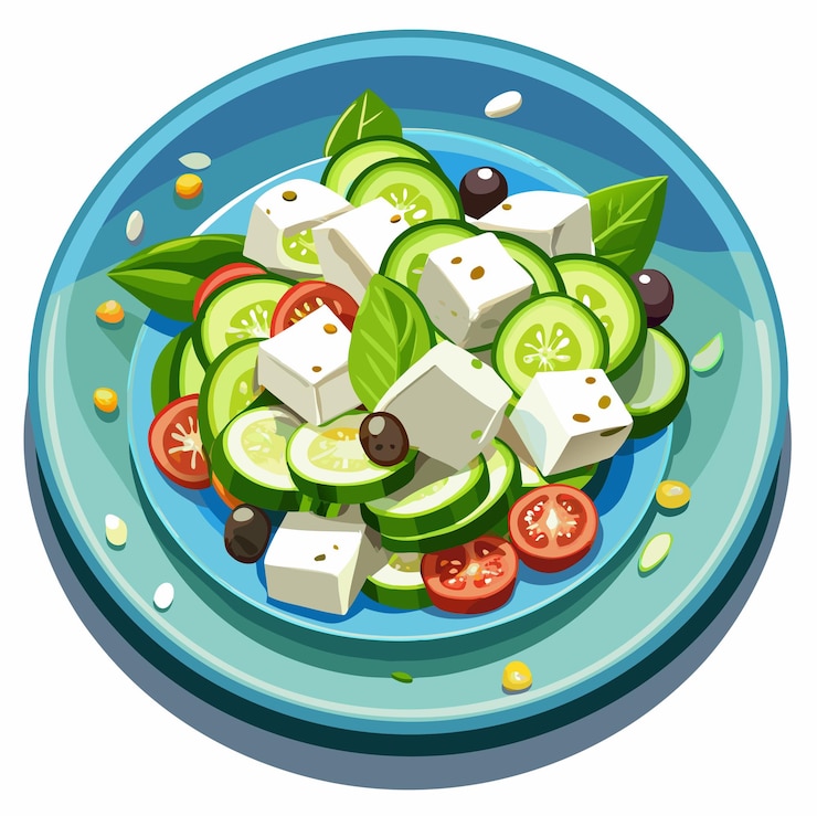 Vettore disegni di illustrazione vettoriale di cetrioli e insalata di feta