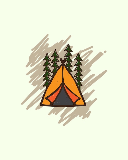 Disegni di tende da campeggio all'aperto e alberi di pino per magliette e altri design