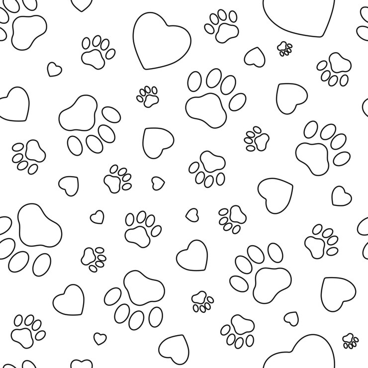 Disegni di zampe nere con cuori su sfondo bianco