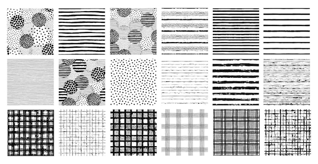 Disegni dipinti sfondo a pennello senza cuciture di punti e strisce elementi dipinti a mano a quadri e a scacchi irregolari stampe grafiche a strisce vettoriali arte bianca e nera piastrelle quadrate