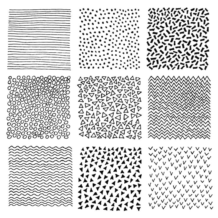 Vettore disegni disegnati a mano impostare disegni testurizzati per il tuo disegno linee disegnate a mano polka dot shevron uccelli onde disegni sfondo vettoriale bianco e nero per carte volantini striscioni
