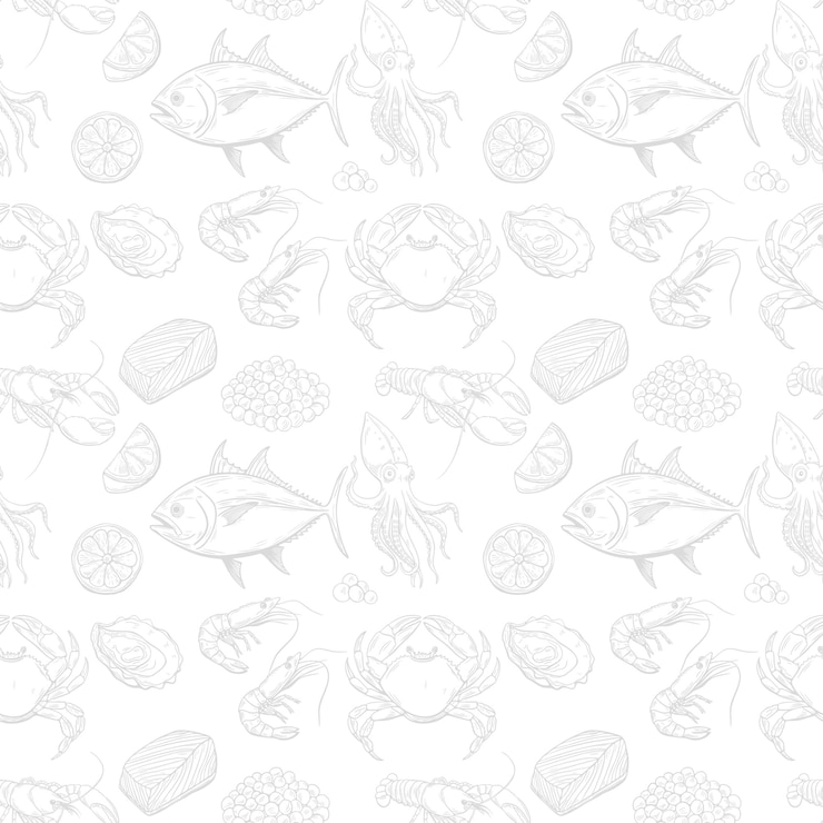 Vettore disegni senza cuciture pesce pesce tonale disegni a linea calamari granchi aragoste caviale sfondo di confezione dell'imballaggio