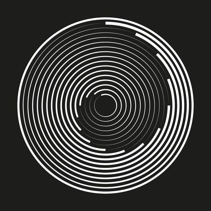 Vettore disegno a cerchi concentrici linee bianche su nero disegno geometrico astratto effetto visivo ipnotico