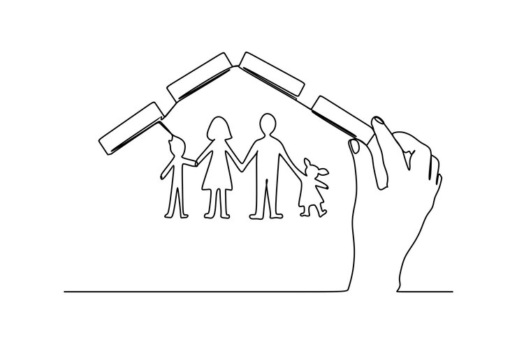 disegno a linea continua del concetto di protezione della famiglia della famiglia