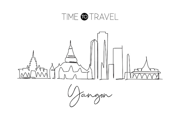 Disegno a linea continua del paesaggio di Yangon, Myanmar Famous scraper landscape design vector