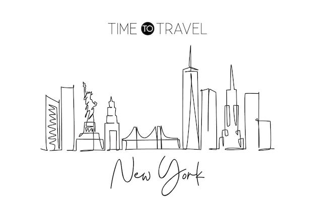 Disegno a linea continua dello skyline della città di New York, Stati Uniti, paesaggio della città famosa decorazione della parete della casa