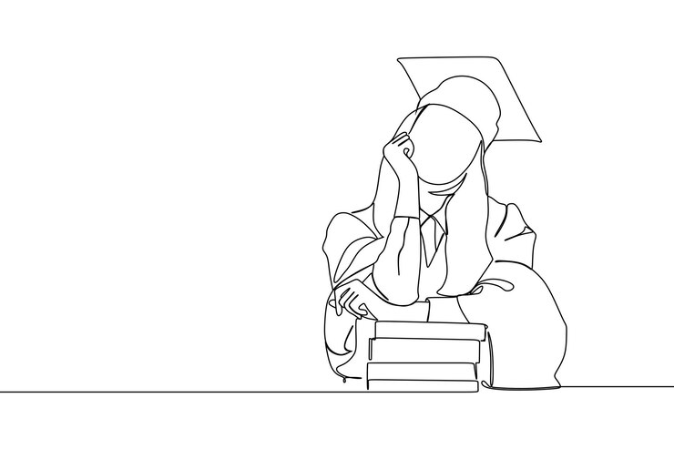 disegno a linea continua di giovane laureata femminile seduta al tavolo sorridente