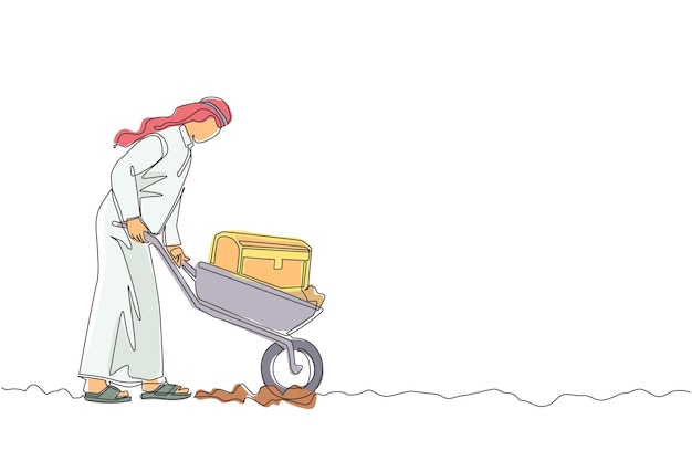 Disegno a linea continua di un uomo d'affari arabo che spinge un carro con un design vettoriale del baule del tesoro