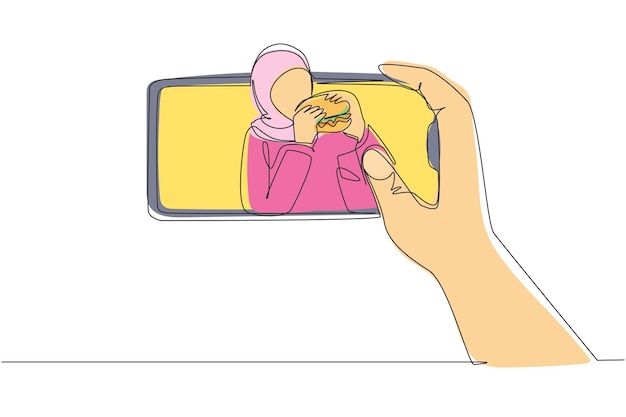Disegno a linea continua di una blogger di cibo araba che mangia un hamburger mentre crea un vettore di contenuto