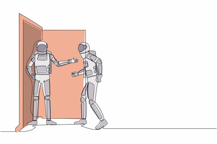 Vettore disegno a linea continua giovane astronauta alla porta accoglie il suo amico in illustrazione vettoriale