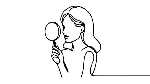 Disegno a linea continua Giovane donna che utilizza la lente di ingrandimento Ricerca concetto di illustrazione vettoriale dell'icona dei dati Internet