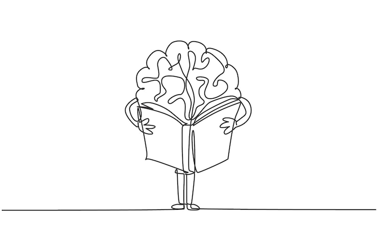 Vettore disegno a linea continua singola del libro di lettura del cervello umano per il vettore di progettazione del logo della biblioteca pubblica