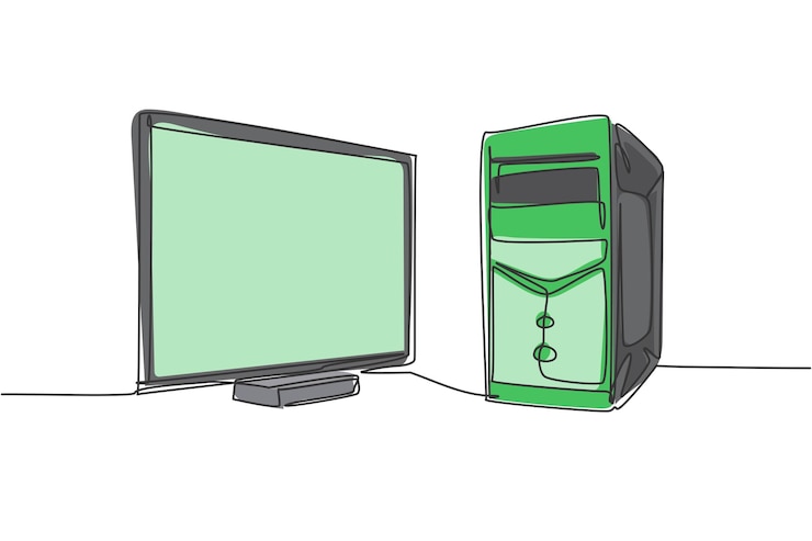 Vettore disegno a linea continua singola di computer cpu e monitor per supportare il vettore aziendale