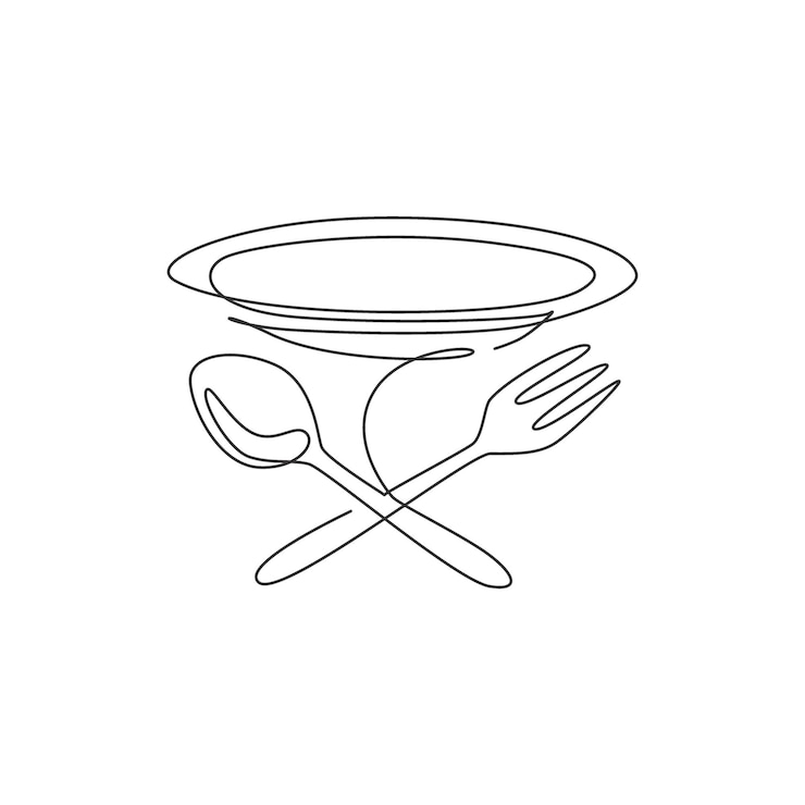 Vettore disegno a linea continua singola di forchetta e cucchiaio stilizzati per il ristorante elegante con logo bar