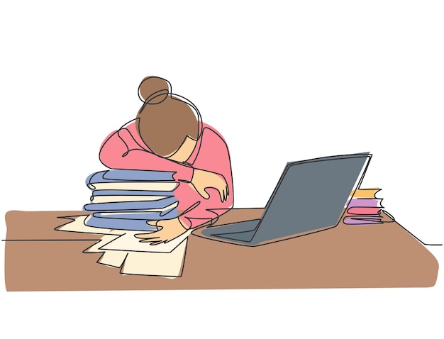 Disegno a linea continua singolo di una giovane impiegata stanca che dorme sulla scrivania con il computer portatile