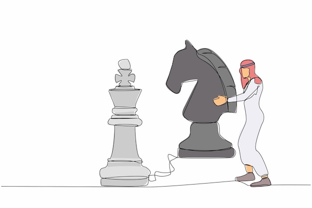 Disegno a linea singola uomo d'affari arabo che tiene un pezzo di scacchi a cavallo batte il re illustrazione degli scacchi