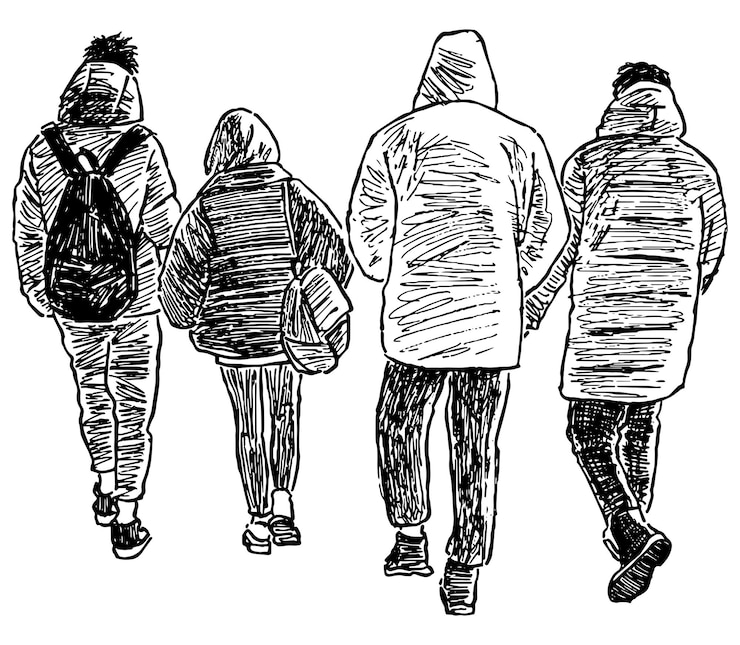 Vettore disegno a mano di pedoni urbani casuali che camminano per strada