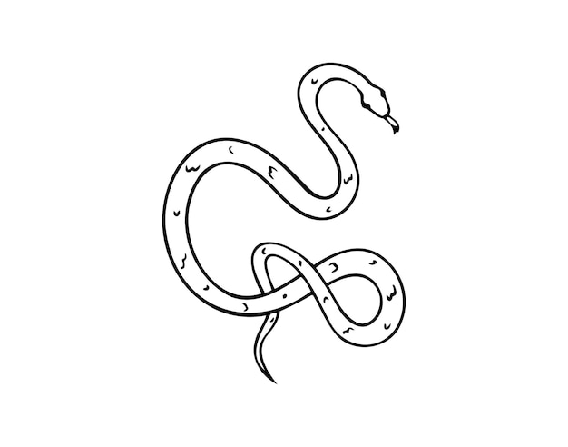 Disegno a mano di un serpente scarabocchiato in vista superiore iconica disegno di contorno di serpente isolato su sfondo bianco