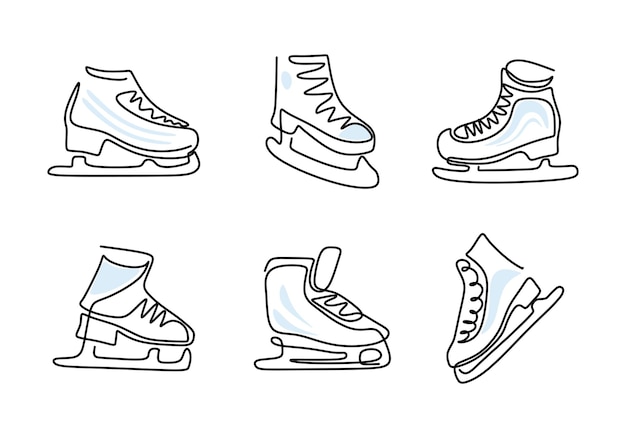Disegno a mano di una linea di scarpe su pattini isolati su sfondo bianco