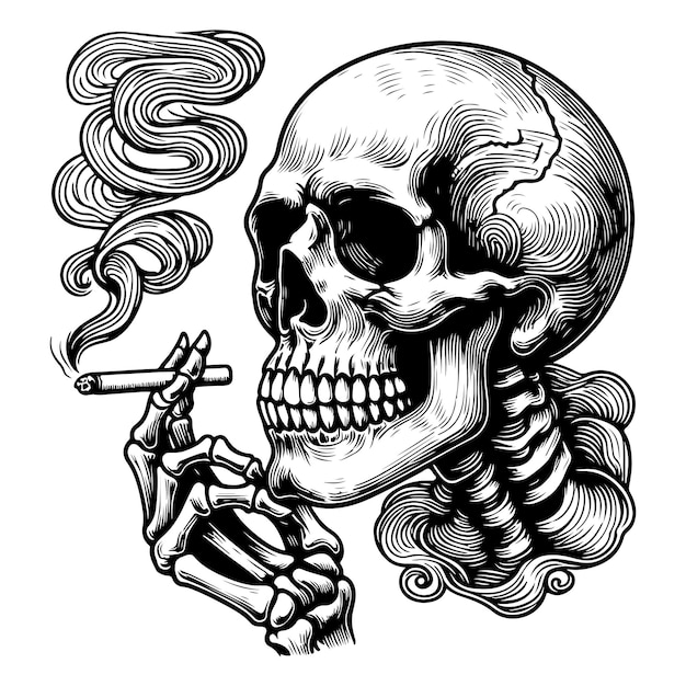 disegno a mano disegno a linea nera arte cranio ossa incrociate con illustrazione vettoriale di sigaretta o fumo
