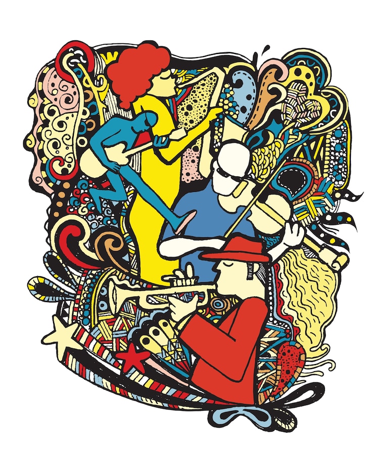 Vettore disegno a mano doodles musicisti con ornamentali