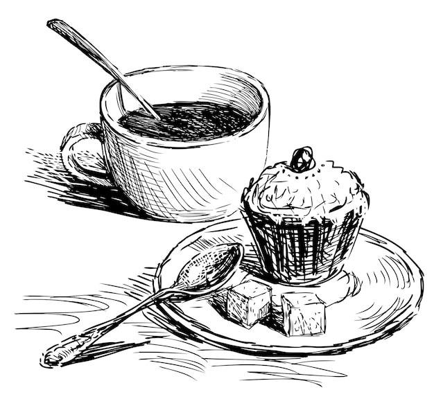 Disegno a mano libera della tazza di caffè con un cucchiaino e cupcake sul piattino