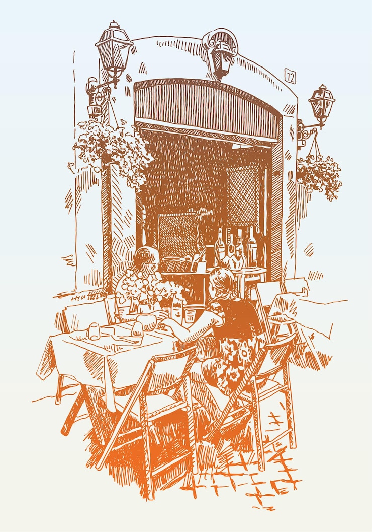 Vettore disegno a mano originale del caffè all'aperto di strada europeo a roma italia illustrazione vettoriale romantico