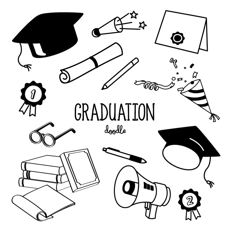 Disegno a mano stili oggetti di laurea. Elementi di graduazione doodle.