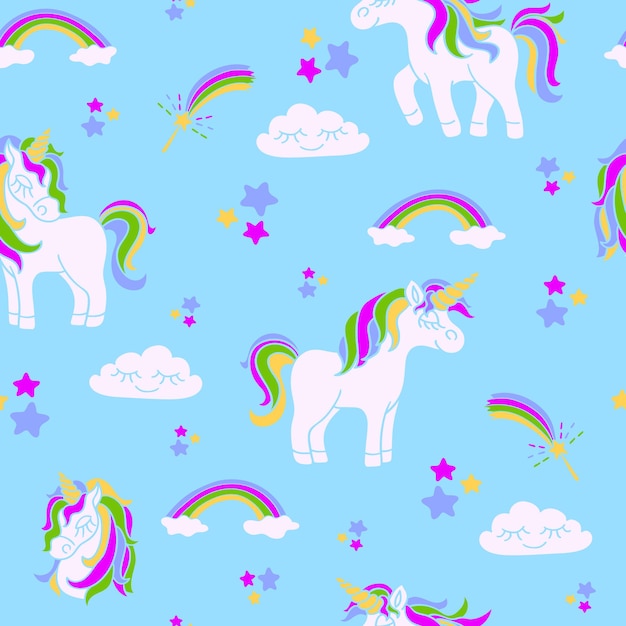 Disegno a mano unicorno rosa e arcobaleno sul modello senza cuciture di sfondo blu