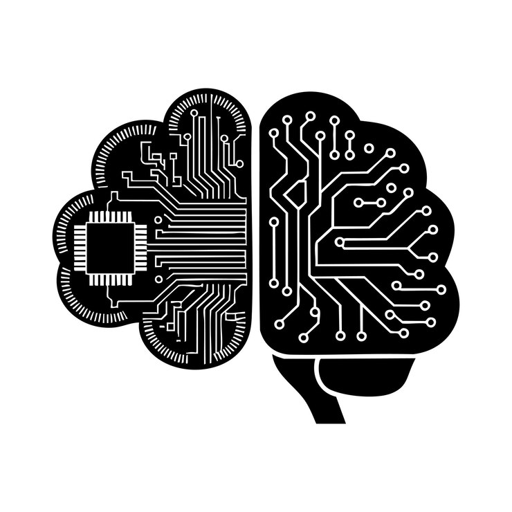 Vettore disegno a metà cervello a metà circuito che simboleggia la tecnologia e l'innovazione dell'intelligenza artificiale