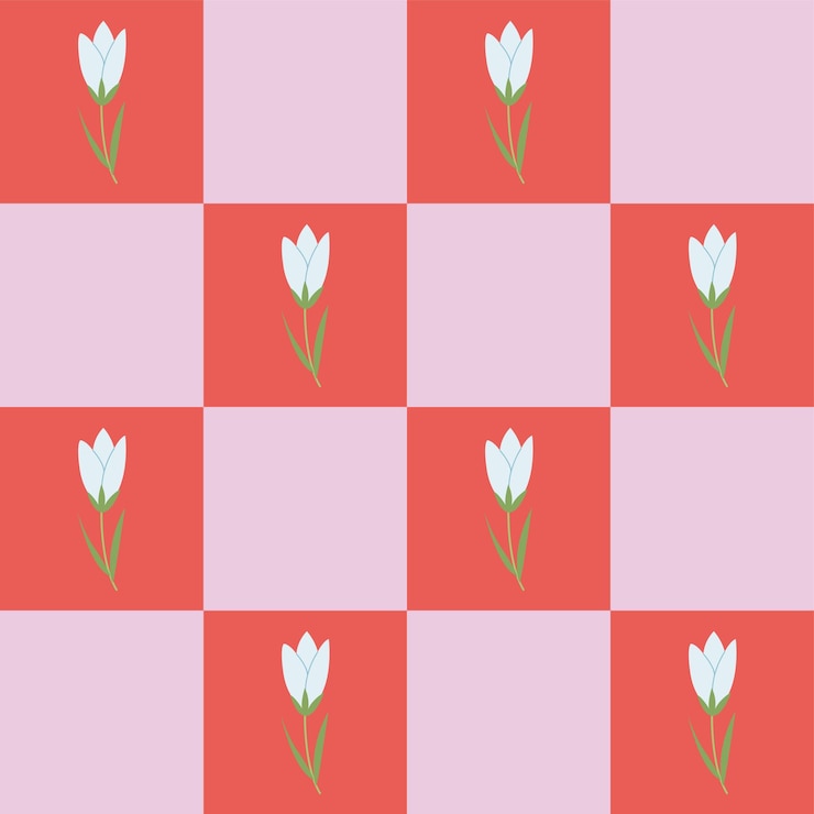 Vettore disegno a scacchi senza cuciture con un carino fiore primaverile sullo sfondo retro alla moda con fiori disegnati a mano