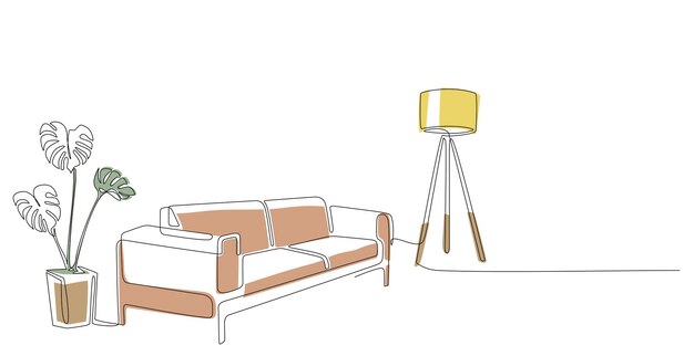 Disegno a tratteggio continuo di lampada da divano e pianta con forme di colore astratte Interni a una linea Soggiorno con mobili moderni Elemento a linea singola Contorno disegnato a mano dell'interno Doodle illustrazione