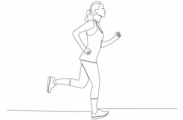 Disegno a tratteggio continuo di una donna che corre illustrazione vettoriale premium vector Premium