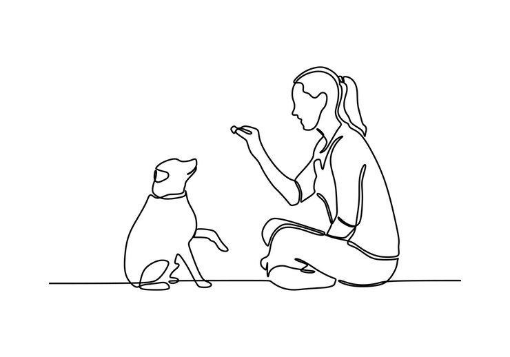 disegno a tratteggio continuo di una giovane donna che gioca con il suo cane