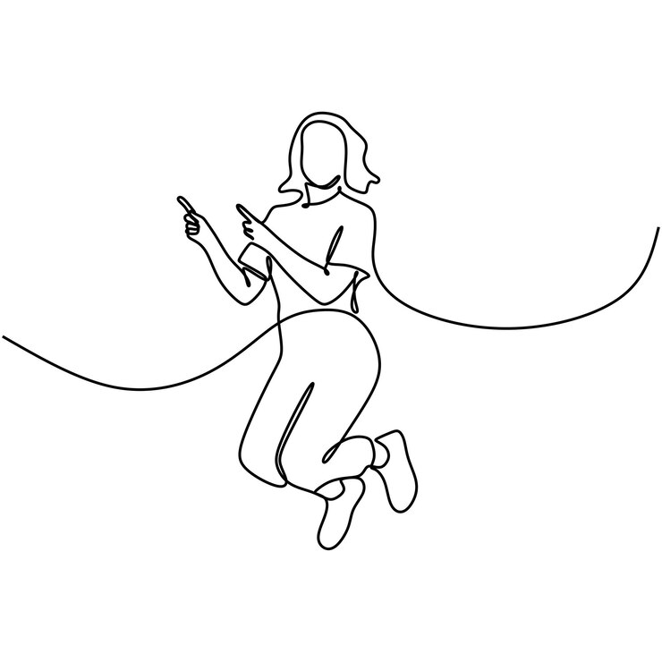 disegno a tratteggio continuo di una giovane donna che salta in alto facendo una mossa vincente