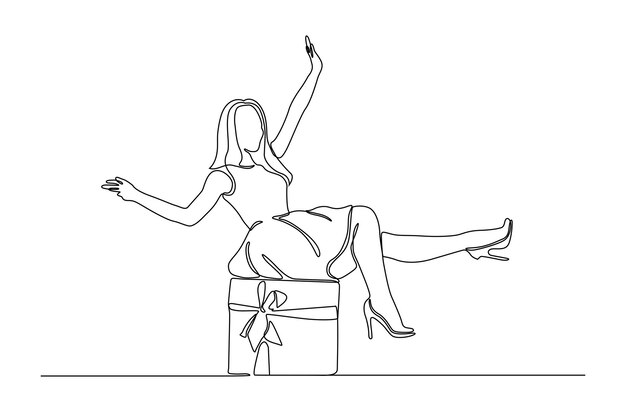 Disegno a tratteggio continuo di una ragazza di babbo natale con l'illustrazione di vettore del regalo di natale Vettore premium