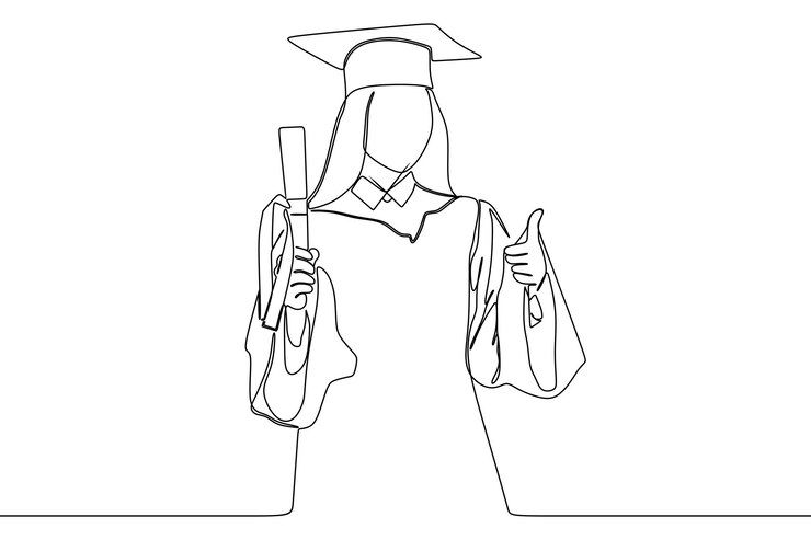 disegno a tratteggio continuo di una studentessa con certificato di laurea che dà i pollici in su