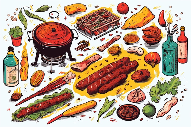 disegno a tratteggio di articoli correlati al barbecue in colori vivaci