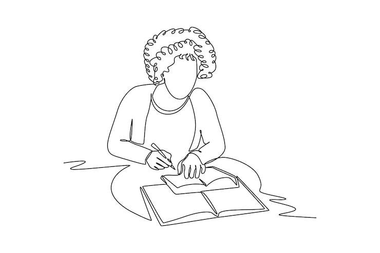 Vettore disegno a una linea singolo studente felice che legge e si prepara per l'esame concetto di istruzione e tempo libero illustrazione grafica vettoriale del disegno a linea continua
